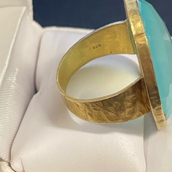 Vtg Sterling Gold Tone Oval Faceted Caribbean Blue Quartzite Ring Size 8.25 - Picture 6 of 8